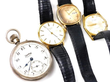 A Longines gentleman's gold plated wristwatch, together with an Accurist Shockmaster wristwatch, a Seiko quartz wristwatch, and an Army Services silver plated pocket watch. (4)