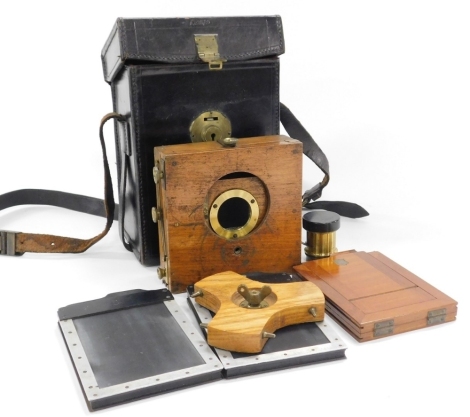 An early 20thC Marlow Brothers number 1 field camera, with a lens, stand, and plates, black leather cased.