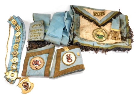 A Royal Antediluvian Order of Buffaloes gilt metal and enamel collar, with badges for the Grand Lodge of England, and others, together with cuffs, wallet and sash, named for Mont Orguieil Lodge number 8188. (a quantity)