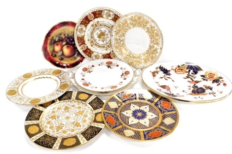 A pair of Coalport porcelain Hong Kong pattern meat platters, Abbeydale, Caverswall, Royal Crown Derby and other platters, Royal Worcester and Marquis bread plates. (10)