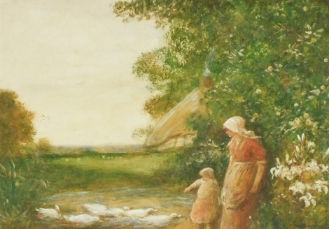 Fredrick Hines (1852-1952). Study of mother and child beside riverbank with geese, a thatched cottage to background, pastel, signed, 27cm x 37cm.