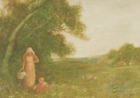 Fredrick Hines (1852-1952). Mother and child flower picking, pastel, signed, 27cm x 37cm.