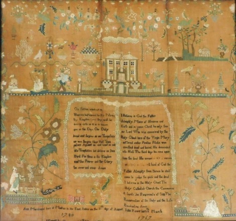 A late 18thC silk work pictorial and religious verse sampler, named to Anne Macdougal, born at Madras in East Indies on 6th day of August 1780, wrought by her on the twelfth year of her age (1792), 59cm x 62cm.