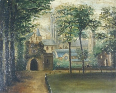 19thC School. Study of a church amidst trees, oil on canvas, unsigned, 18cm x 21.5cm.