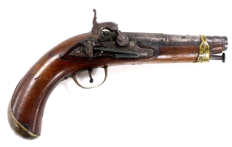 A percussion cap pistol signed Francisco, the steel barrel signed G10 Batt Francisco, probably with later stock and percussion conversion with engraved brass furnishings and steel ramrod, 24cm long.