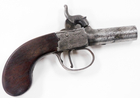 A 19thC pocket percussion pistol by Reilly of London, with engraved lock plates and thumb piece, signed Reilly London, plain handle, 13cm.