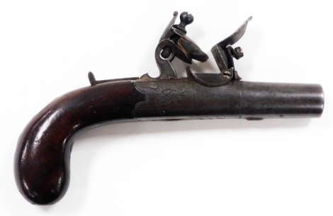 An early 19thC percussion pistol by Lacy Witton, the lock plates engraved with union flags amid foliage, three proof marks, signed Lacy * Witton London, with retractable handle, plain walnut grip, 15cm long.