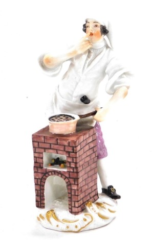 A late 19thC Samson Meissen porcelain figure of a cook, Cries Of Paris Series, raised on a rococo scroll base, 14cm high.