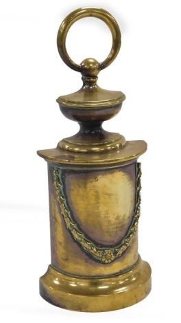 A late Victorian Adam style brass demi lune doorstop, with ring handle, 29cm high.