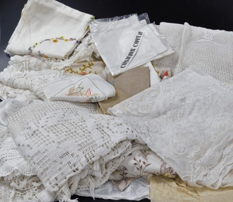 Linen and lace table linen, bed throw, napkins, etc. (3 boxes)