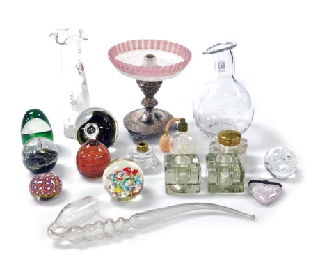 A group of Victorian and later glassware, including a Nailsea pipe, Mary Gregory style vase, Walker and Hall silver plated comport, with a frilled glass bowl, with white feathered decoration, paperweights, inkwells, etc. (a quantity)