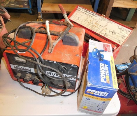 A Sealey service 160 starter charger, together with a Power Craft electric spray gun, and a SP Tool red metal toolbox. Buyer Note: WARNING! This lot contains untested or unsafe electrical items. It is supplied for scrap or reconditioning only. TRADE ONLY