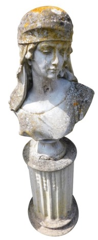 A composition bust of a lady, wearing a head dress, on socle base, standing on a later Corinthian column, 105cm high overall.