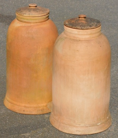 A pair of vintage terracotta rhubarb forcers, with lids, 63cm high.