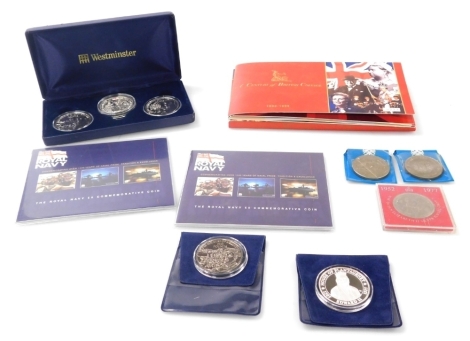 Silver proof and other commemorative coins, including The Royal Navy commemorative £5 coin (x2), a Century of British Coinage Bailwick of Jersey, Guernsey, and Alderney, three coin set commemorating the Duke Of Wellington and Admiral Lord Nelson, further 