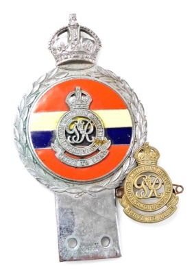 A JR Gaunt military car badge, for the Royal Military Academy Sandhurst, together with a Royal Military Sandhurst cap badge. (2)