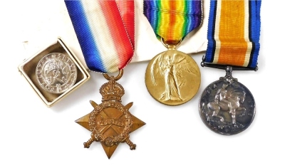 Three World War One medals, named to S Mackay, A.M.1/O.S.1, Royal Navy, 365582, comprising 1914/15 Star, Great War and Victory medals, together with a silver King's badge.