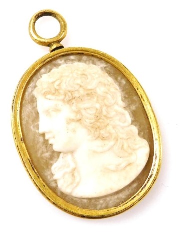 A late 19thC shell cameo, bust portrait of the gorgon Medusa, in an oval brass mount, 5.5cm high.