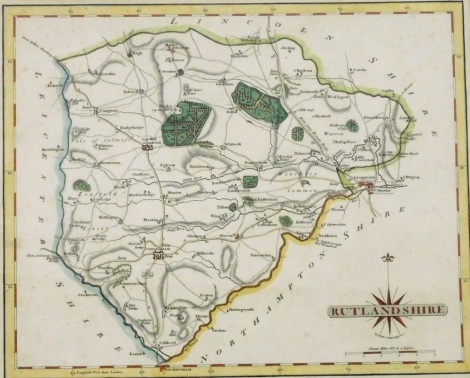 A J Cary engraved map of Rutlandshire, hand coloured, published 1787, 22cm x 27cm.