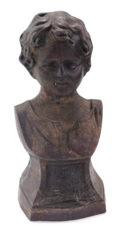 A late 19thC French cast iron bust, of a boy, titled 'L'Amour Vairoueur', 20cm high.