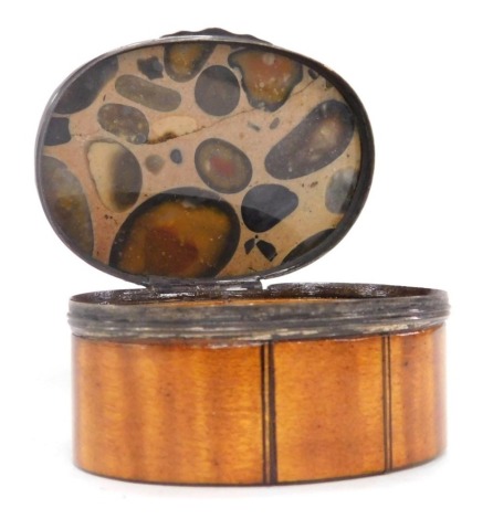 A Victorian satinwood and agate snuff box, of oval form, with white metal mounts, contains piece of paper internally written Box Made for TWW by Alfred Vincent, Violin Maker and Virtuoso, Brighton, Played in Churches, London, 6cm wide.