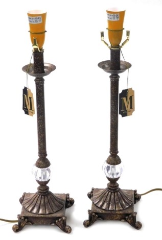 A pair of Minister gift ware faux cast metal and glass table lamps, 51cm high.