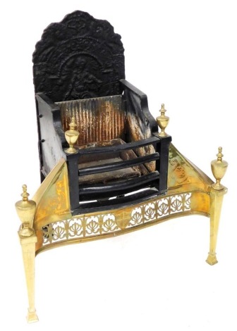 An Edwardian cast iron and brass fire grate, Neo Classical style, with an earlier cast iron fire back, 70cm wide.