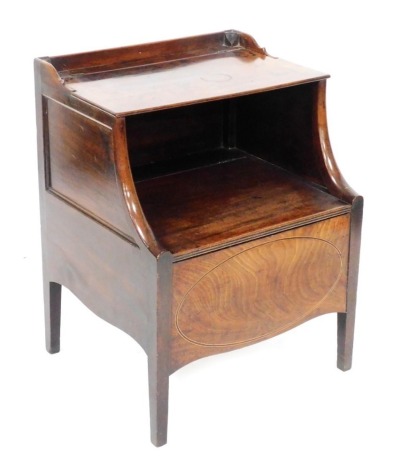 A Georgian mahogany stepped commode, with a galleried shelf top, over a box with hinged lid, opening to reveal a later fitted interior, raised on tapering square legs, 73cm high, 55cm wide, 49cm deep.