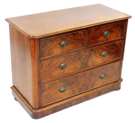 A Victorian mahogany and walnut chest, of two short over two long drawers, raised on a plinth base and compressed bun feet, 81cm high, 108cm wide, 49cm deep.