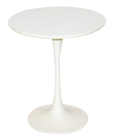 A 1960s tulip occasional table, designed by Maurice Burke for Arkana, Bath, with a cast aluminium base and circular laminate top, all in cream, 51cm high, 44cm wide.