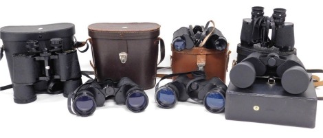 Six pairs of binoculars, five cased, include Lumor, Prinz, and Telemax.