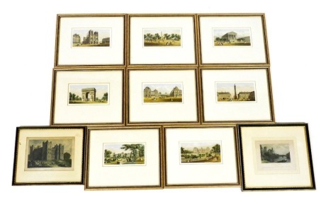 A group of colour engravings depicting Parisian scenes, to include Notre Dame, The Louvre, Les Tuiles, each 8cm x 123cm, etc.