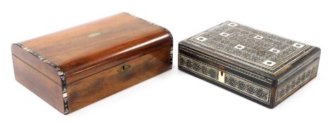 A Victorian walnut sewing casket, with rosewood, mother of pearl, and bone banded inlay, 26cm wide, together with an early 20thC Anglo-Indian bone and metal inlaid box, 22cm wide. (2)