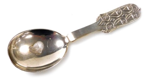 A Norwegian Arts & Crafts silver spoon, by N.N. Thune, the bowl of plain form, with a floral triangle and diamond decorated handle, stamped Thune 30S, 1.42oz, 14cm long.