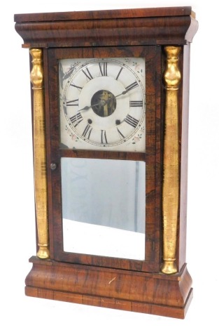 A late 19thC Seth Thomas rosewood cased wall clock, square enamel dial with chapter ring bearing Roman numerals, eight day movement with coil strike, the case with a glazed front above a mirrored section flanked by gilt turned pilasters, raised on a plint