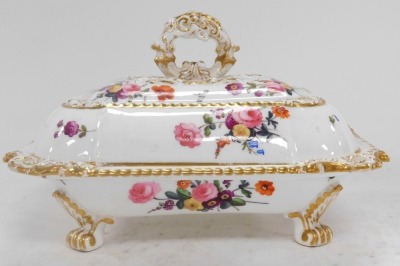 A pair of early 19thC Coalport porcelain vegetable tureens and covers, painted with sprays of flowers, with gilt scroll handles, raised on four paw feet, 28cm wide. - 2