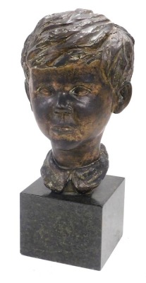 A 20thC bronze bust of a boy, signed indistinctly, raised on a cube form green marble base, 41cm high.