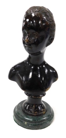 An early 20thC Continental bronze bust of a girl, raised on a green marble socle, 22cm high.