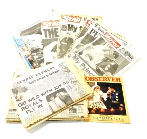 A collection of newspapers celebrating the marriage of Prince Charles and Lady Diana Spencer, to include Daily Mirror, Daily Mail, The Sun, Daily Star, etc.