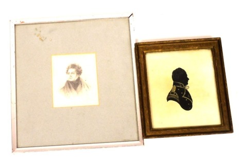 A 19thC portrait silhouette of a gentleman in naval uniform, 16cm x 13.5cm, together with after H Hawdery, pencil study of a gentleman, signed and dated 1822, 11.5cm x 9cm.