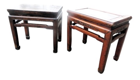 Two similar Chinese elm occasional tables, the rectangular top above a pierced frieze, on shaped legs, 50cm high, 63cm wide, 34cm deep.