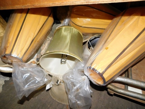 A large quantity of silk and other light shades, to include three unopened balloon shaped examples, in yellow with blackened metal framing. (majority AF)