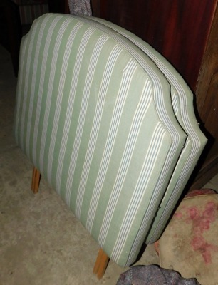 A pair of single bed headboards, each upholstered in green and blue striped fabric, 89cm wide. (AF)