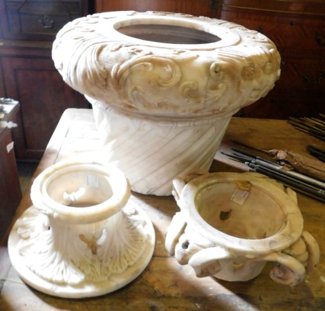 Three sections of 19thC carved alabaster, 34cm, 13cm, and 14cm high respectively.