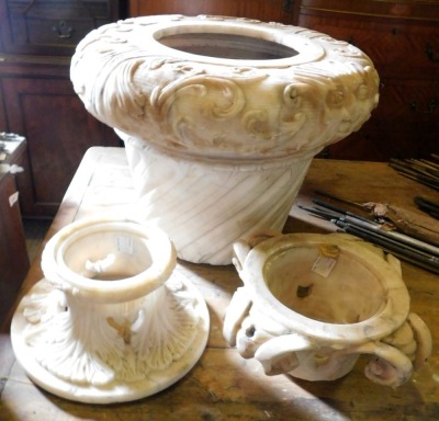 Three sections of 19thC carved alabaster, 34cm, 13cm, and 14cm high respectively.