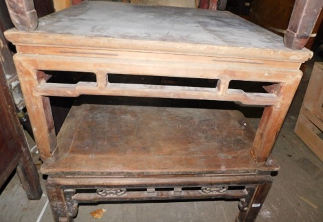 A Chinese elm low or coffee table, square top and a pierced shaped frieze, on shaped legs, 90cm wide. (AF)
