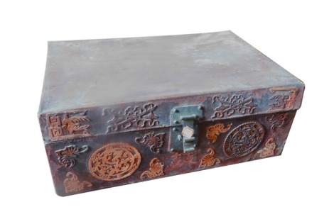 A Chinese painted canvas case or trunk, with applied raised decoration, side handles, etc. (AF), 66cm wide.