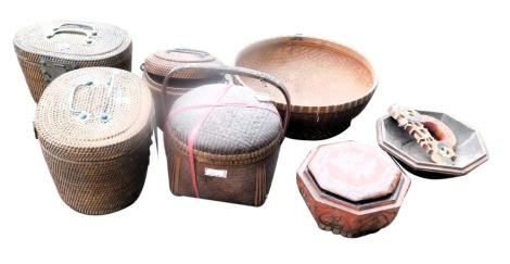 Various 19thC and later Chinese baskets, to include two examples to hold Canton teapots, a bowl, partially carved container, etc.