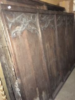 A collection of Victorian carved oak panelling in Gothic style, various sizes to include a quadruple panelled section with moulded borders, 175cm high, 150cm wide, two similar part open sections, top with pierced decoration, the base panelled, 134cm high.