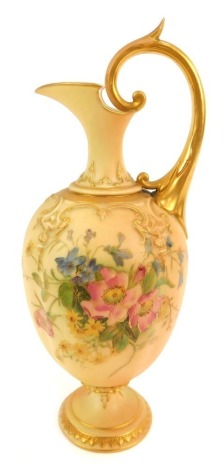 A Royal Worcester blush porcelain ewer, c1911, of lobed baluster form, shaped no indistinct, painted with roses and other flowers, printed and painted marks, 26cm high.